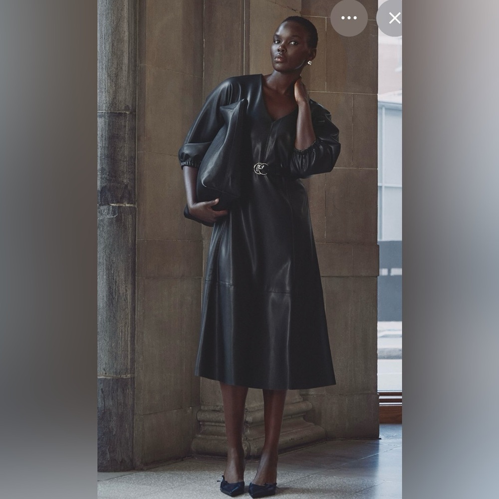 Simons Contemporaine Black Faux Leather Balloon Sleeve Dress, S